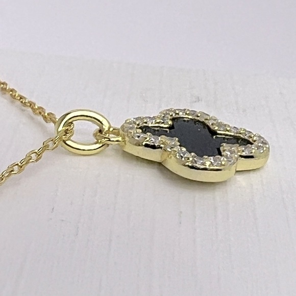 RACHEL ZOE,STERLING SILVER 18KT GOLD PLATED BLACK CLOVER NECKLACE,CUBIC ZIRCONIA - Picture 7 of 15